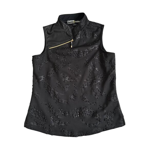 Jamie Sadock Womens Sz M Black Sleeveless Mock Neck Textured Top W/ Gold Zipperr - Picture 1 of 10